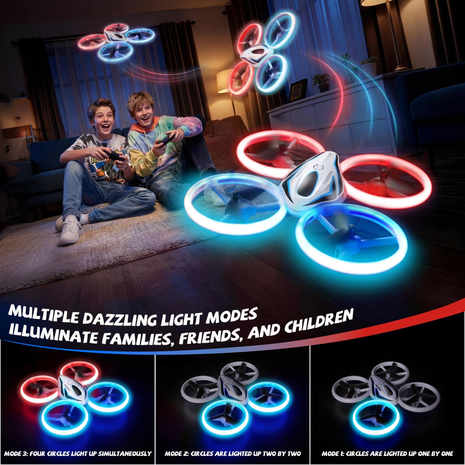 MULTIPLE DAZZLING LIGHT MODES ILLUMINATE FAMILIES, FRIENDS, AND CHILDREN

MODE 3: FOUR CIRCLES LIGHT UP SIMULTANEOUSLY

MODE 2: CIRCLES ARE LIGHTED UP TWO BY TWO

MODE 1: CIRCLES ARE LIGHTED UP ONE BY ONE