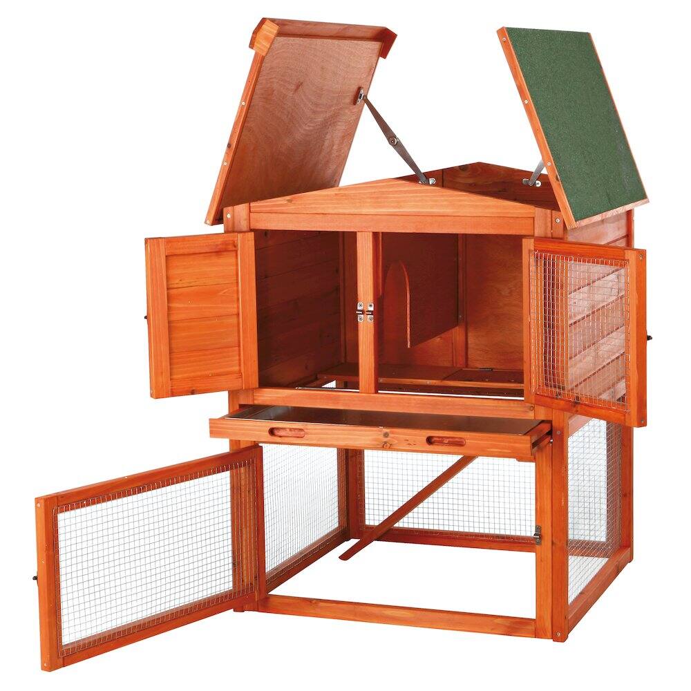 Alt View 1. TRIXIE - Weatherproof Outdoor 2-Story Wooden Small Animal Hutch with Run & Pull-Out Tray - Brown.