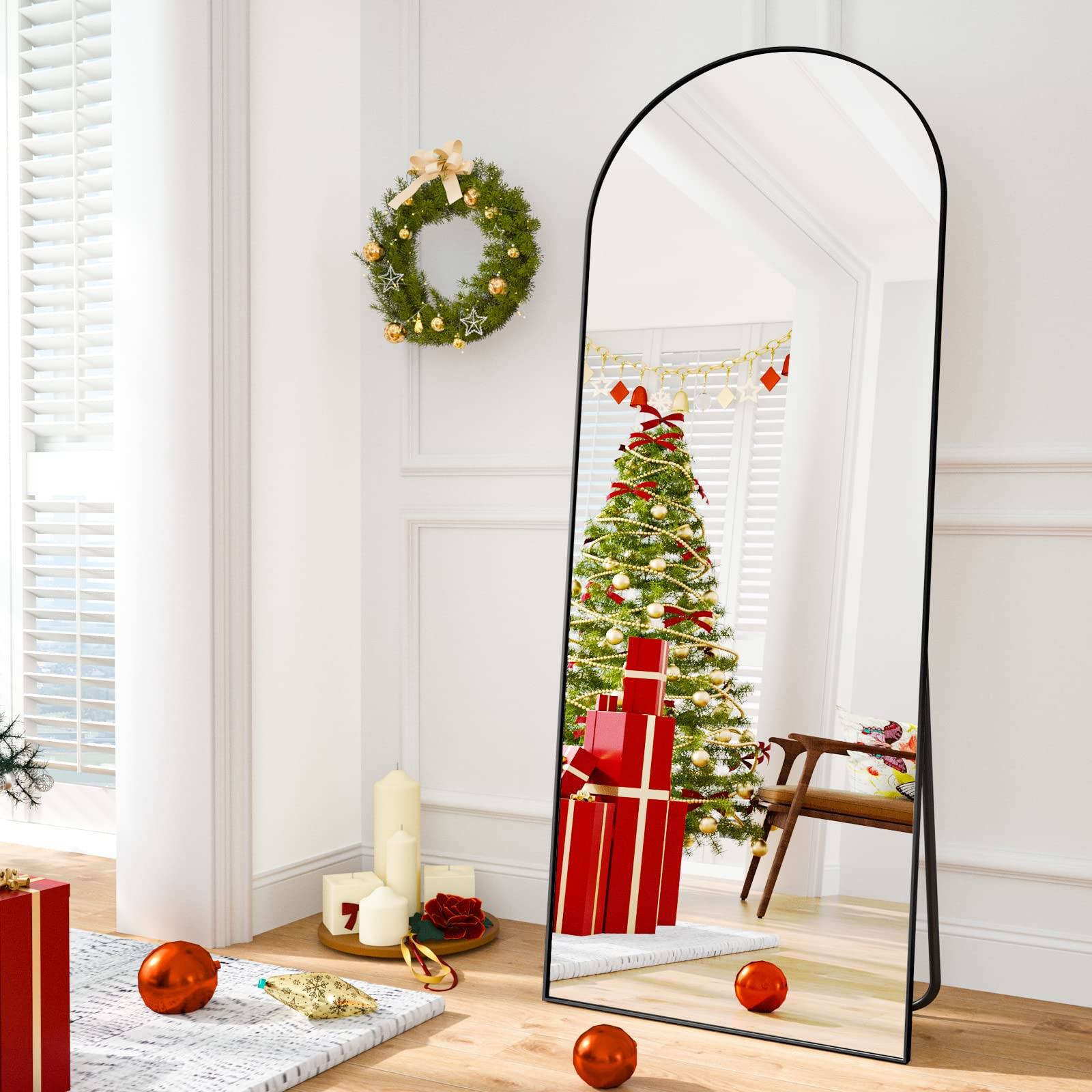 Left. HOMLUX - Arched Full Length Floor Mirror Black Aluminum Frame Free Standing Leaning Wall Mount for Bedroom Entryway.