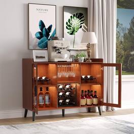 GARVEE - Color Freestanding Liquor Cabinet with LED Light Wine Bar Cabinet for Home Wine and Coffee Bar - Walnut