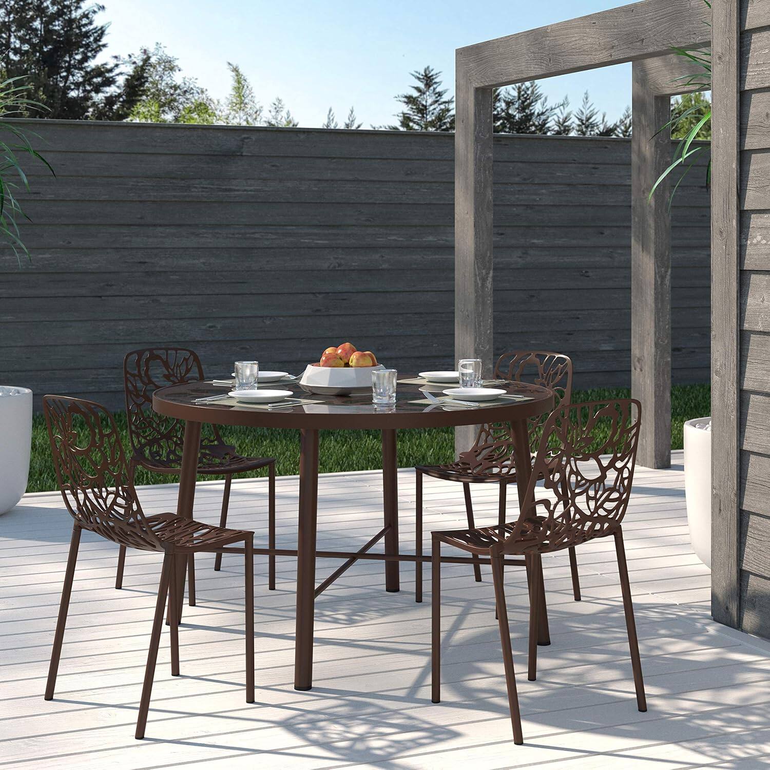 Angle. LeisureMod - Devon (Set of 4) Modern Floral Stackable Aluminum Chair - Weather Resistant Indoor/Outdoor Dining Chair - Brown.