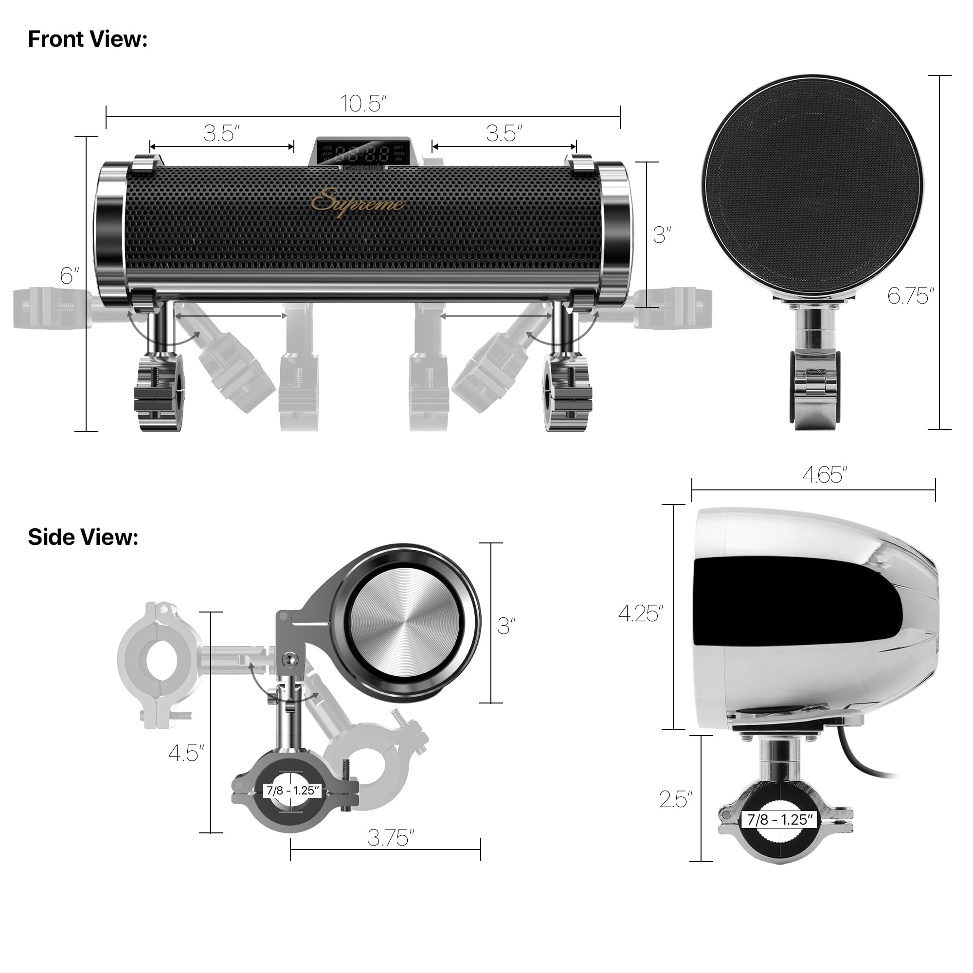 Front View:  
- 3.5"  
- 10.5"  
- 32668E  
- 00.0  
- 3.5"  
- Supreme  
- 3"  
- 6"  
- 6.75"  
- 4.65"  

Side View:  
- 3"  
- 4.25"  
- 4.5"  
- 7/8"  
- 7/8-1.25"  
- 3.75"  
- 2.5"  
- 7/8-1.25"