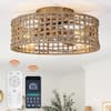 Front. Parrot Uncle - 17.72 in. Farmhouse Caged Straw Woven Smart Ceiling Fan with Light and Remote and App Control - Gold.