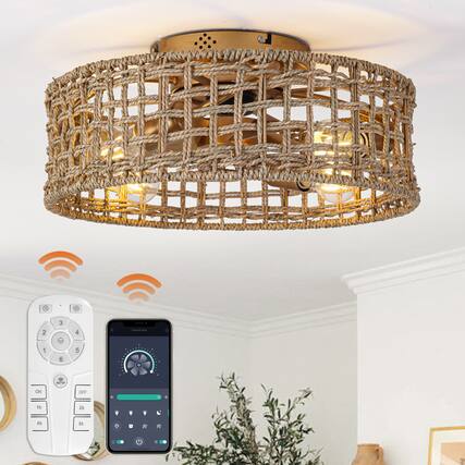 Front. Parrot Uncle - 17.72 in. Farmhouse Caged Straw Woven Smart Ceiling Fan with Light and Remote and App Control - Gold.