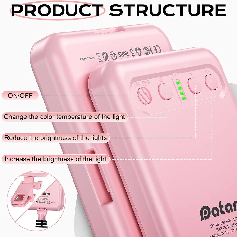 PRODUCT STRUCTURE

- ON/OFF
- Change the color temperature of the light
- Reduce the brightness of the lights
- Increase the brightness of the light

BATTERY: 300 CT: 3 LED: 120PCS

DT-02 SELFIE LED

Patan
