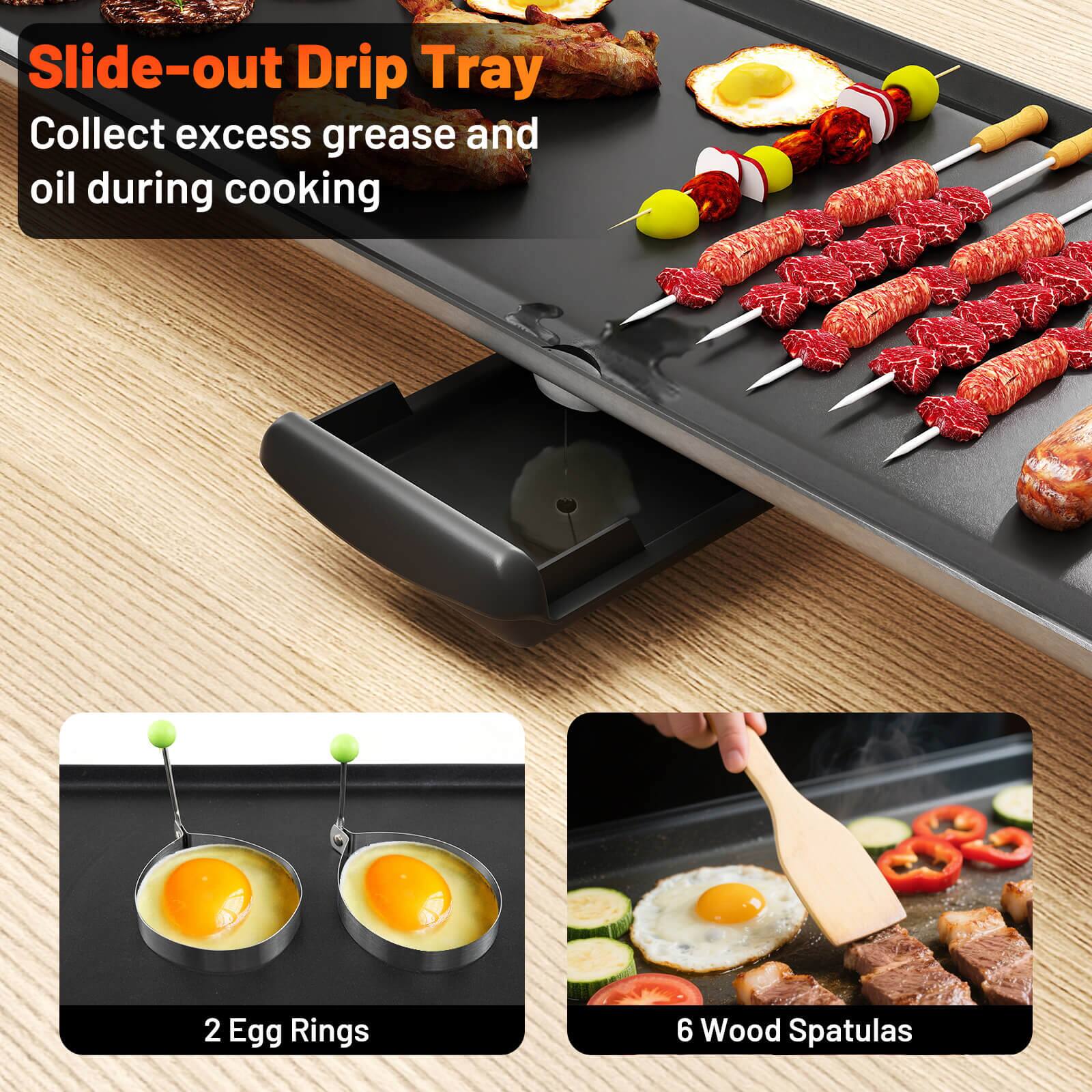 Slide-out Drip Tray, 2 Egg Rings, 6 Wood Spatulas