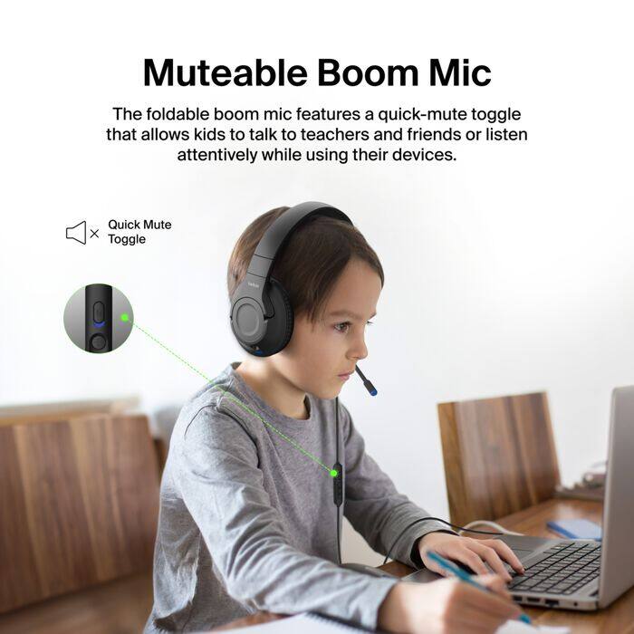 Muteable Boom Mic

The foldable boom mic features a quick-mute toggle that allows kids to talk to teachers and friends or listen attentively while using their devices.

Quick Mute X Toggle
