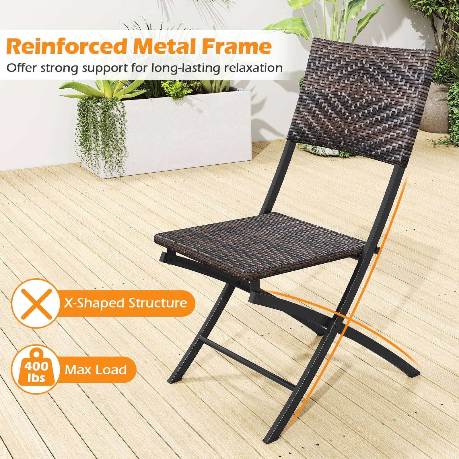 Reinforced Metal Frame  
Offer strong support for long-lasting relaxation  

X-Shaped Structure  
400 lbs Max Load