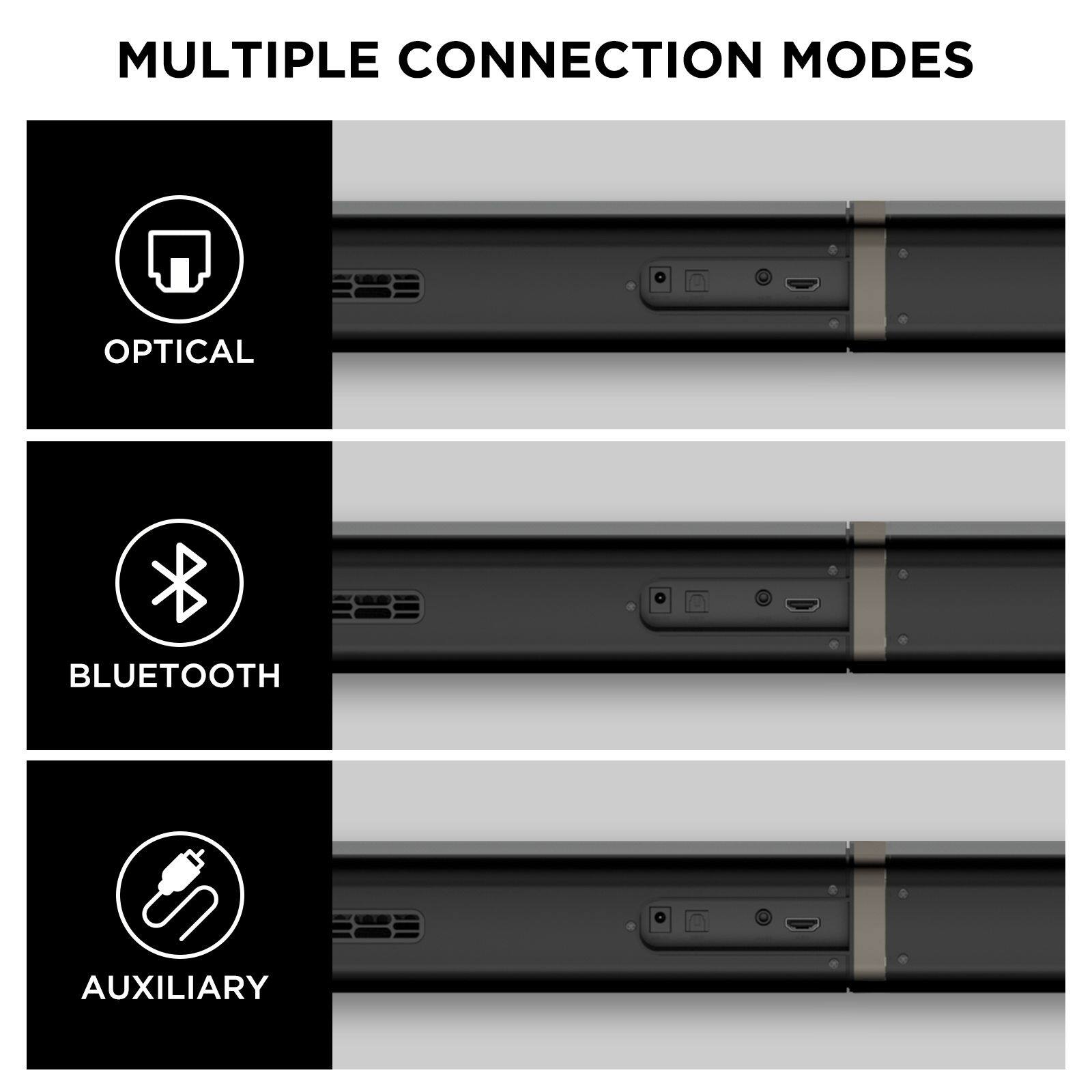 MULTIPLE CONNECTION MODES

OPTICAL

BLUETOOTH

AUXILIARY
