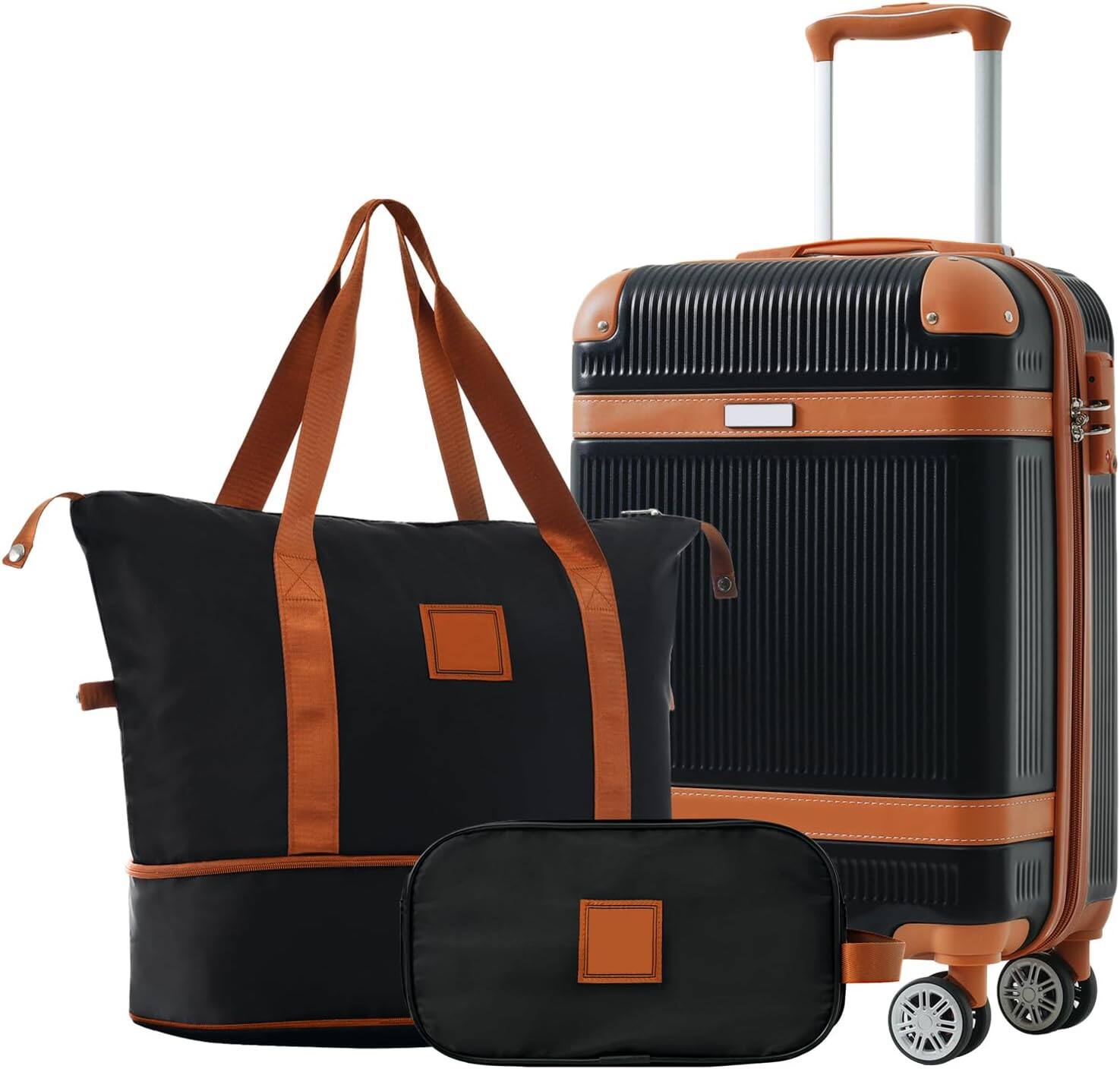 Alt View 4. MOOSOO - 20 INCH Hardshell Luggage Sets 3 Piece Carry-on Suitcase Double Spinner Wheels with TSA Lock for Men Women - Black.