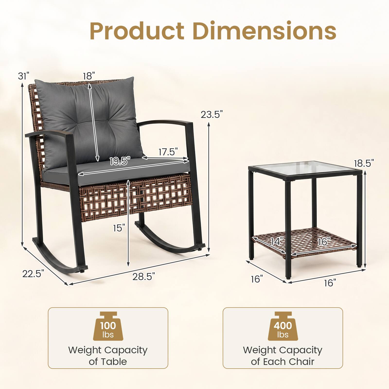 Product Dimensions

- 31"
- 18"
- 23.5"
- 19.5"
- 17.5"
- 18.5"
- 15"
- 14"
- 16"
- 22.5"
- 28.5"
- 16"
- 16"

Weight Capacity

- 100 lbs Weight Capacity of Table
- 400 lbs Weight Capacity of Each Chair