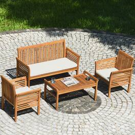 Gymax - 4PCS Wooden Patio Conversation Set Outdoor Furniture Set w/ Cushion - White