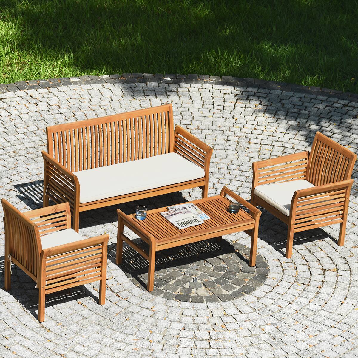 Alt View 3. Gymax - Gymax 8PCS Wooden Patio Conversation Set Outdoor Furniture Set w/ Cushion - White.