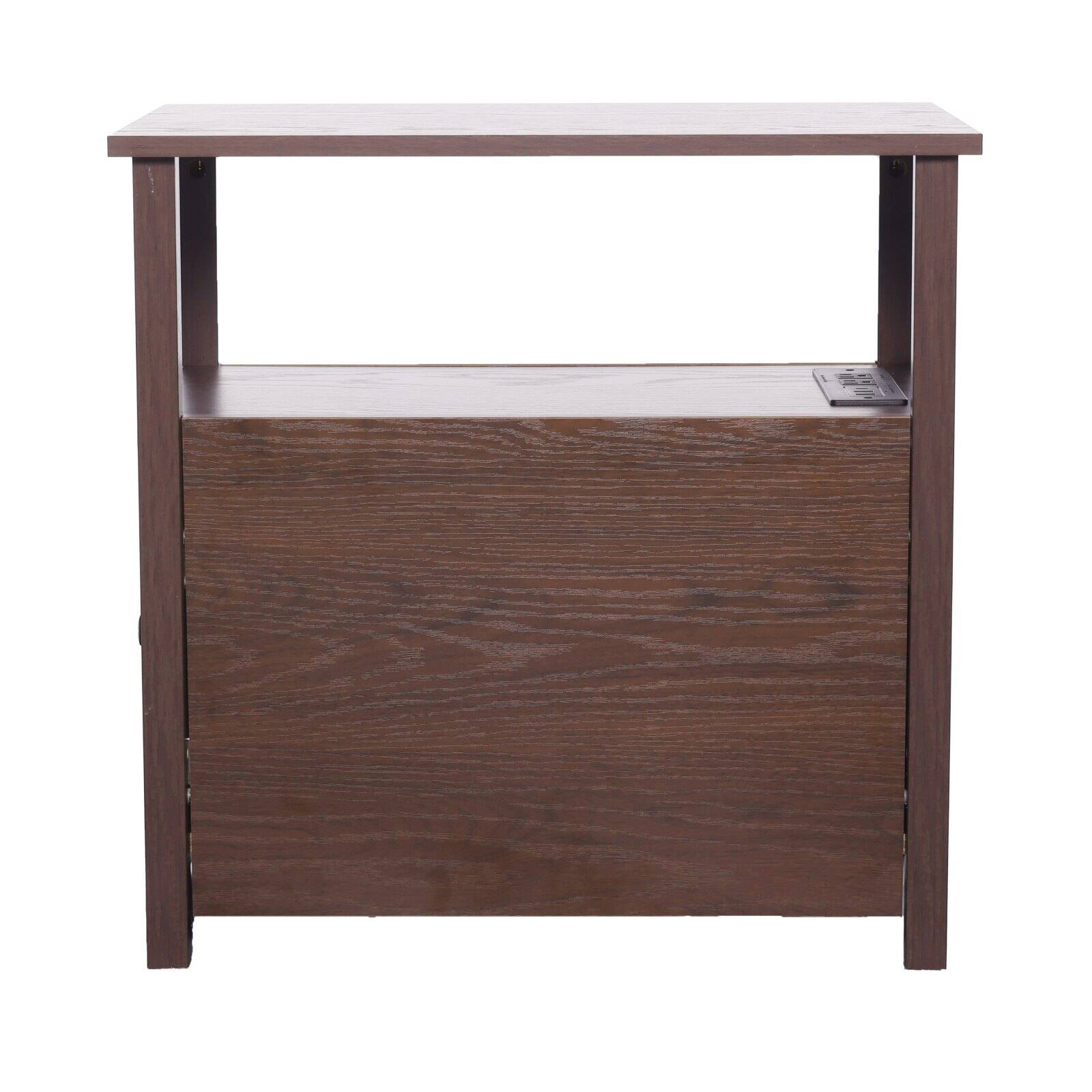 Alt View 10. Glintex - Farmhouse End Table with Charging Station, 4-Tier Storage Side Table with Drawers and Outlets for Bedroom - Brown.