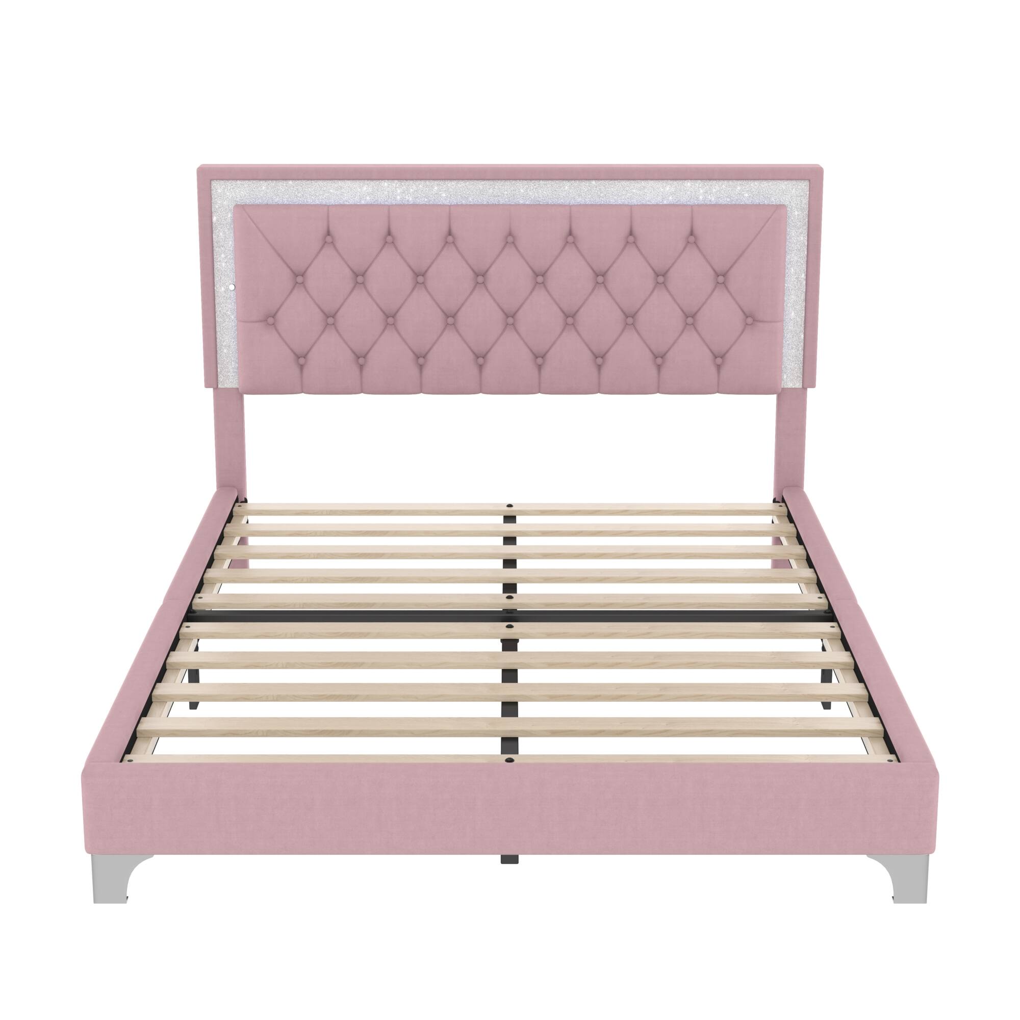 Alt View 2. GOODSILO - Elegant Velvet Upholstered Queen Bed Frame with LED Lights and Tufted Headboard - Pink.