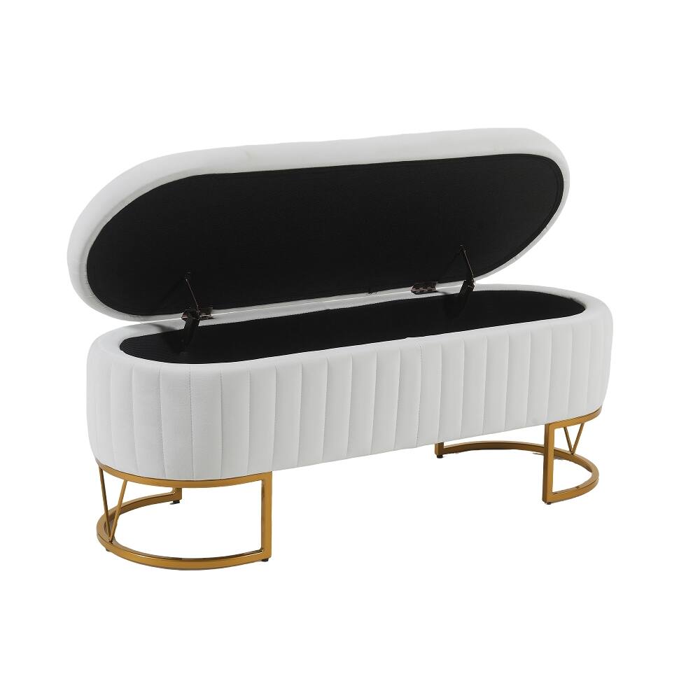 Alt View 9. Ropilly - Ivory Velvet Storage Bench, Oval End of Bed Ottoman with Gold Legs, Entryway Bench, Three Hundred Pounds Capacity - Ivory.