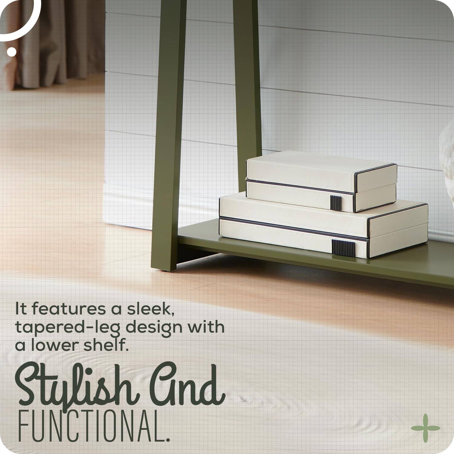 It features a sleek, tapered-leg design with a lower shelf.

Stylish And FUNCTIONAL.