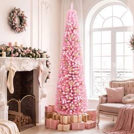 Costway - 7 ft Flocked Pencil Christmas Tree with 575 Full Branch Tips & Folding Metal Stand - Pink