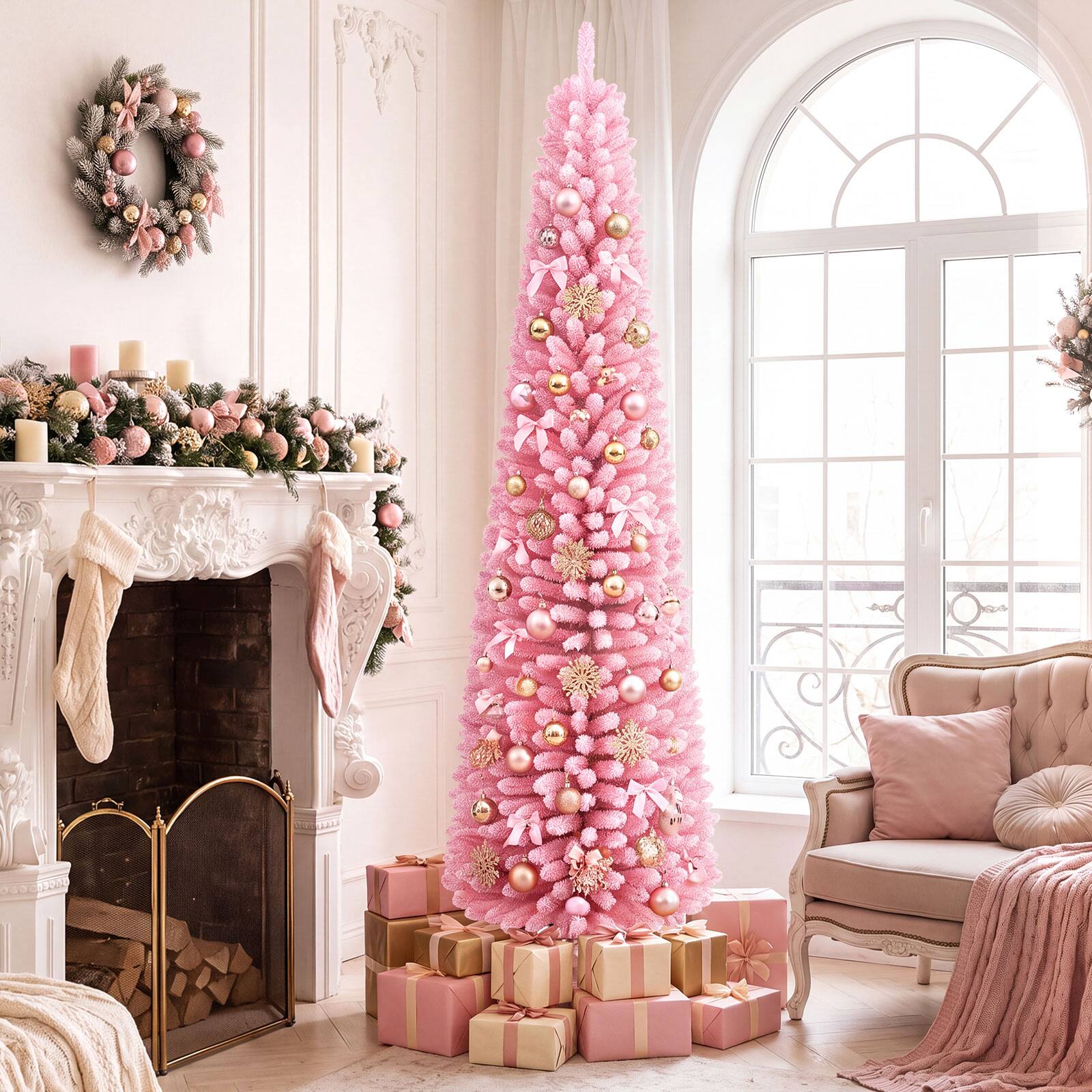 Front. Costway - Costway 7 ft Flocked Pencil Christmas Tree with 575 Full Branch Tips & Folding Metal Stand - Pink.