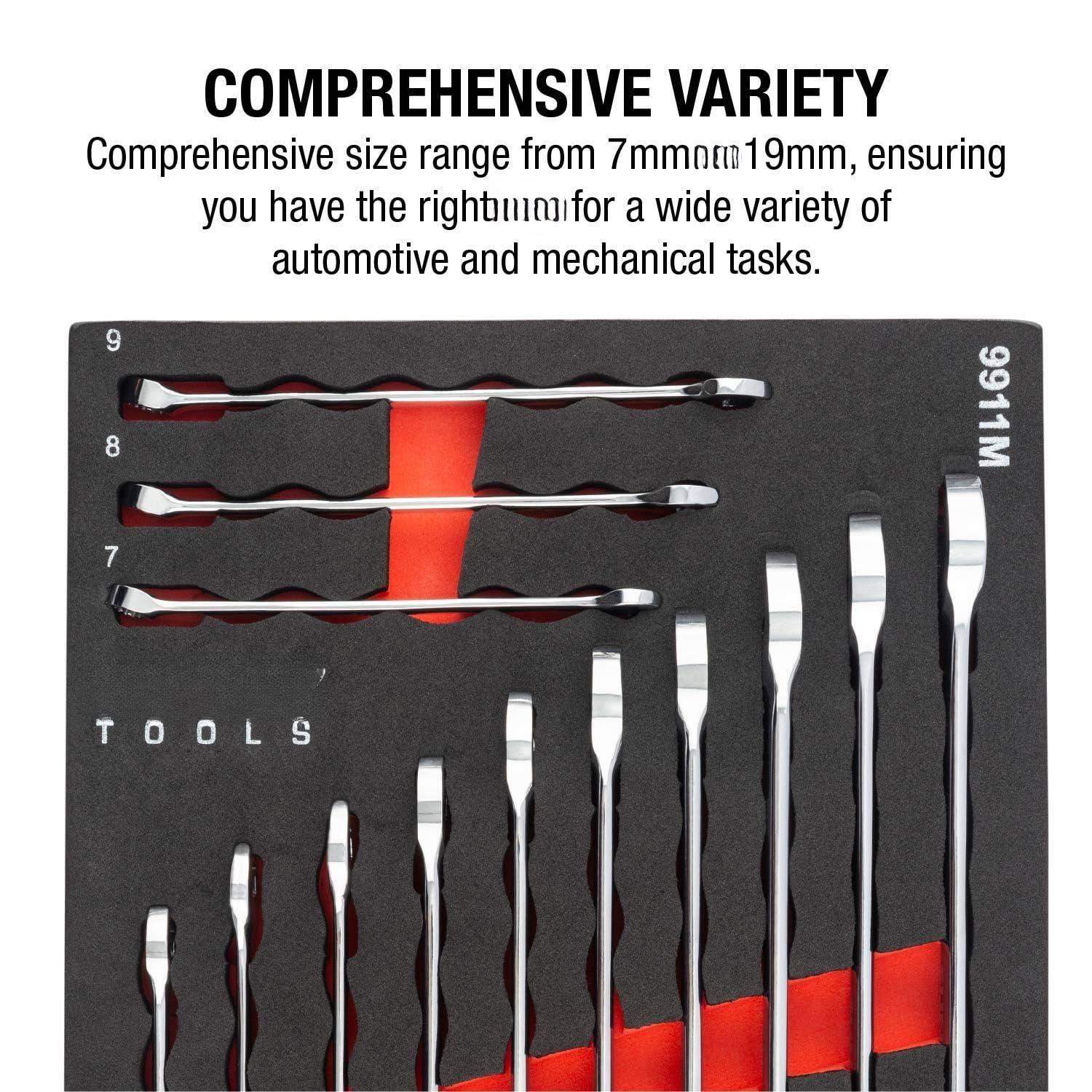 COMPREHENSIVE VARIETY  
Comprehensive size range from 7mm to 19mm, ensuring you have the right tool for a wide variety of automotive and mechanical tasks.  

TOOLS