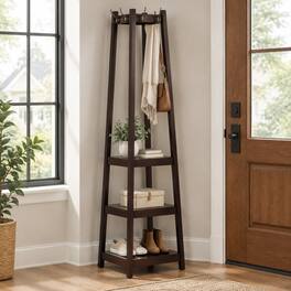RYHNUYNE - Vassen Coat Rack, 3-Tier Storage Shelves, Wood Finish, 17.5 x 17.5 x 72 in, Silver Hooks - Espresso