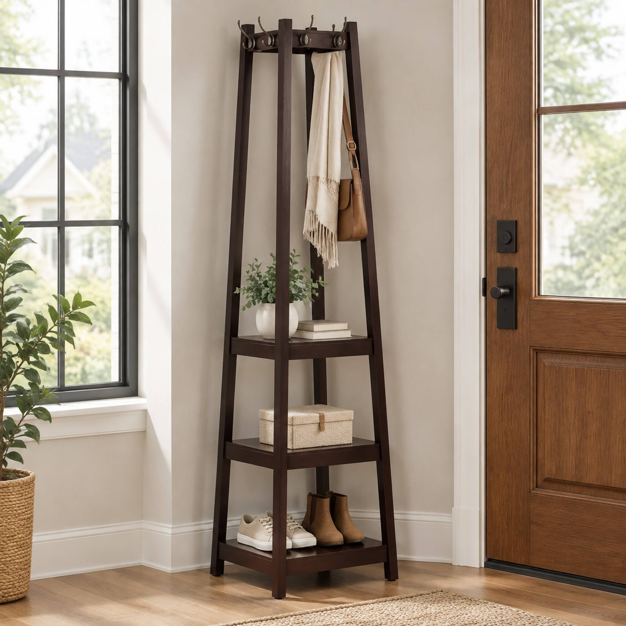 Front. RYHNUYNE - Vassen Coat Rack, 3-Tier Storage Shelves, Espresso Wood Finish, 17.5 x 17.5 x 72 in, Silver Hooks - Espresso.