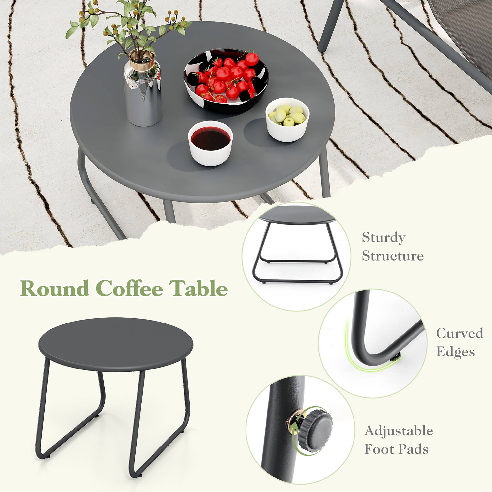 Round Coffee Table, Sturdy Structure, Curved Edges, Adjustable Foot Pads
