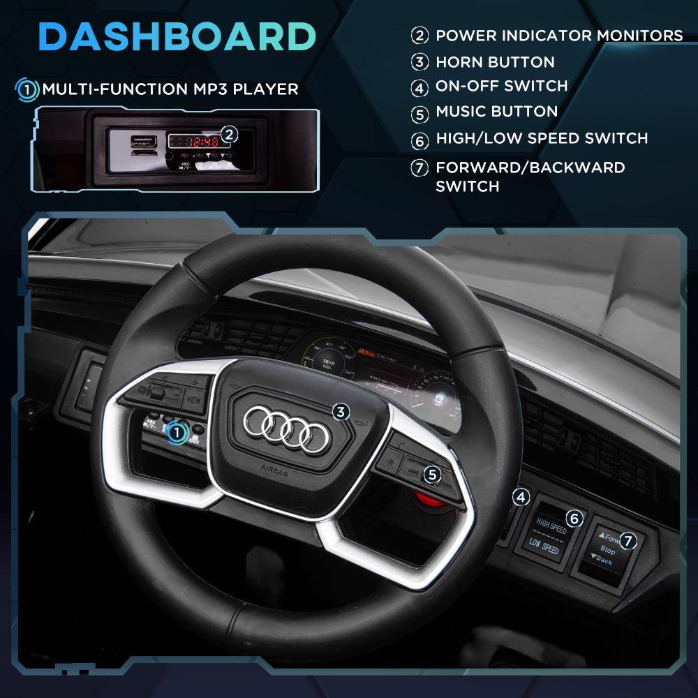 DASHBOARD

1. MULTI-FUNCTION MP3 PLAYER
2. POWER INDICATOR MONITORS
3. HORN BUTTON
4. ON-OFF SWITCH
5. MUSIC BUTTON
6. HIGH/LOW SPEED SWITCH
7. FORWARD/BACKWARD SWITCH

- AIRBAG
- HIGH SPEED
- LOW SPEED
- Forward
- Stop
- Back