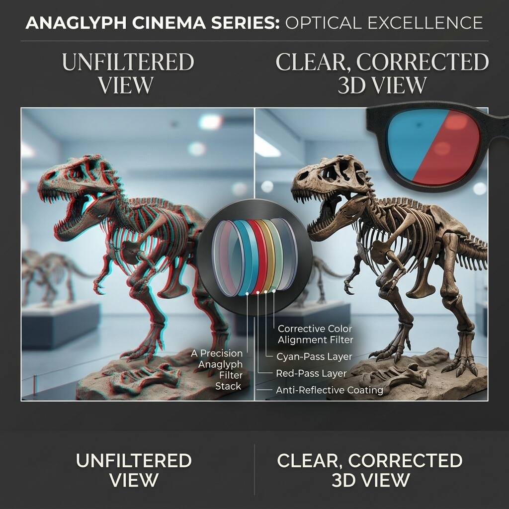 ANAGLYPH CINEMA SERIES: OPTICAL EXCELLENCE

UNFILTERED VIEW

CLEAR, CORRECTED 3D VIEW

A Precision Anaglyph Filter Stack

Corrective Color Alignment Filter
Cyan-Pass Layer
Red-Pass Layer
Anti-Reflective Coating