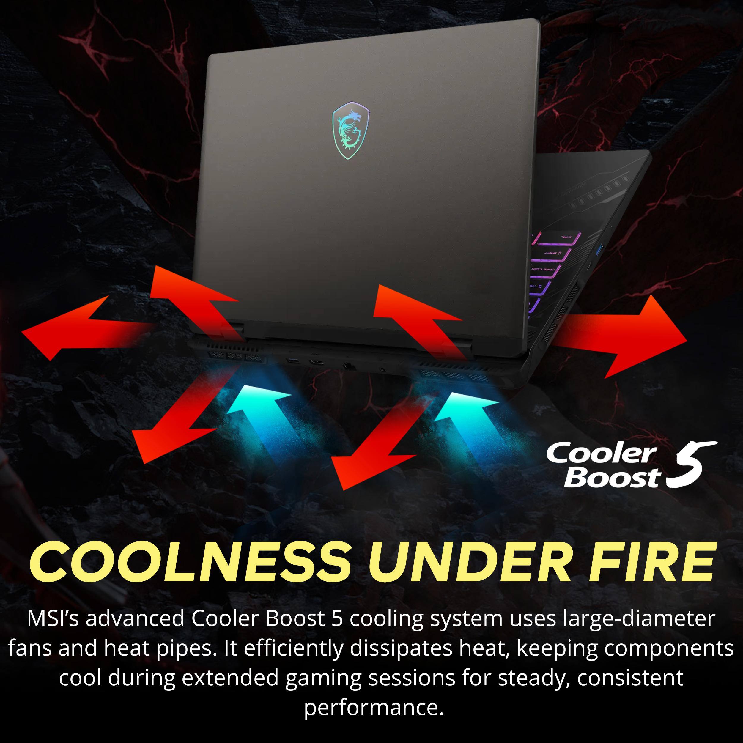 Cooler Boost 5  
COOLNESS UNDER FIRE  
MSI's advanced Cooler Boost 5 cooling system uses large-diameter fans and heat pipes. It efficiently dissipates heat, keeping components cool during extended gaming sessions for steady, consistent performance.