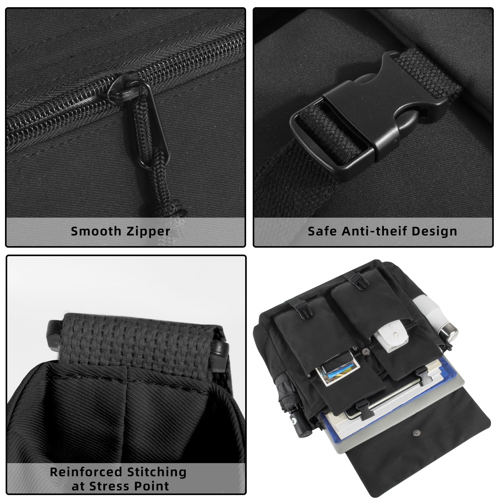 Smooth Zipper  
Safe Anti-theif Design  
Reinforced Stitching at Stress Point