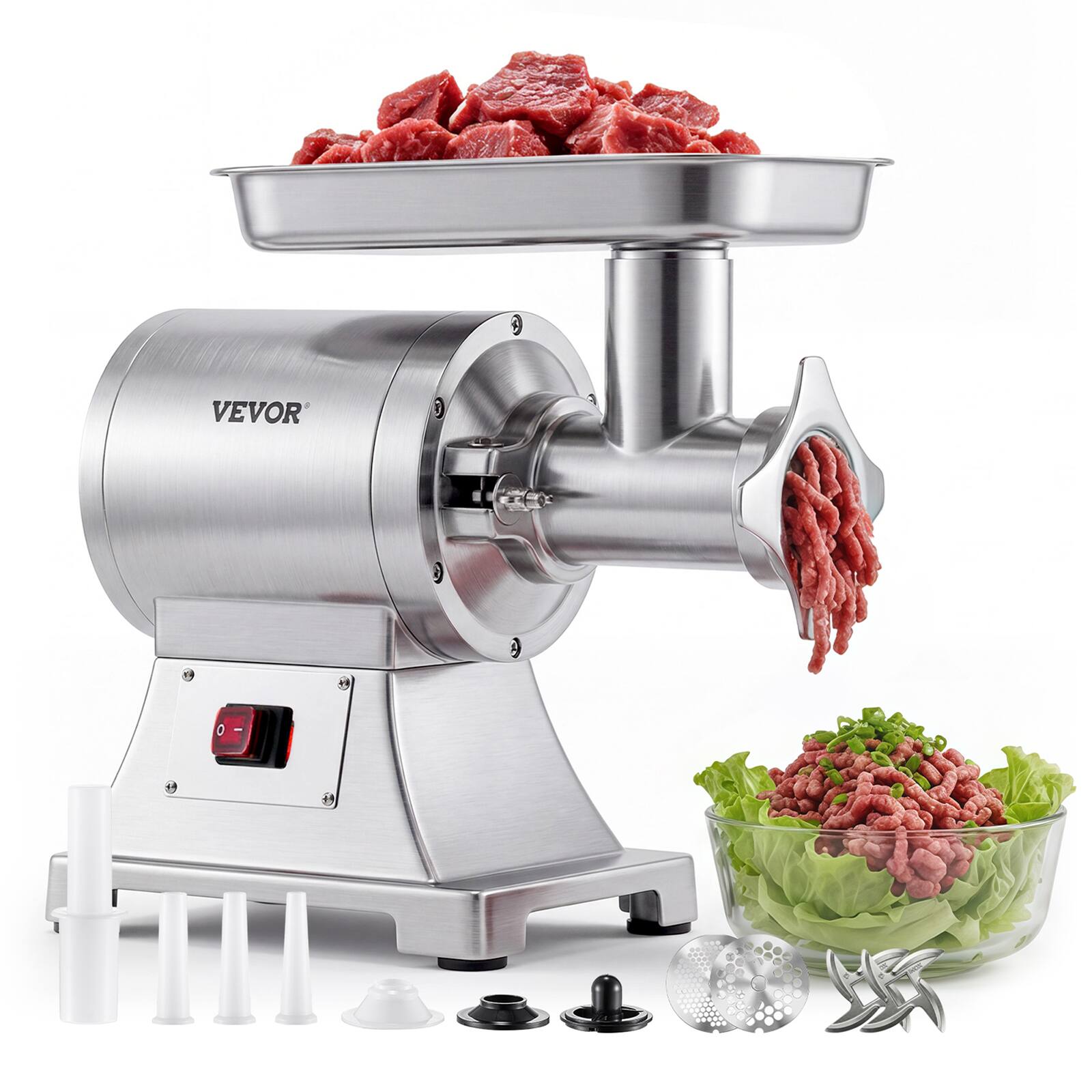 Front. VEVOR - Commercial Meat Grinder, 9.2 Lbs/Min Capacity, #12 Electric Meat Mincer with 2 Plates,3 Sausage Stuffing Tubes&Kibbe Kit - Silver.