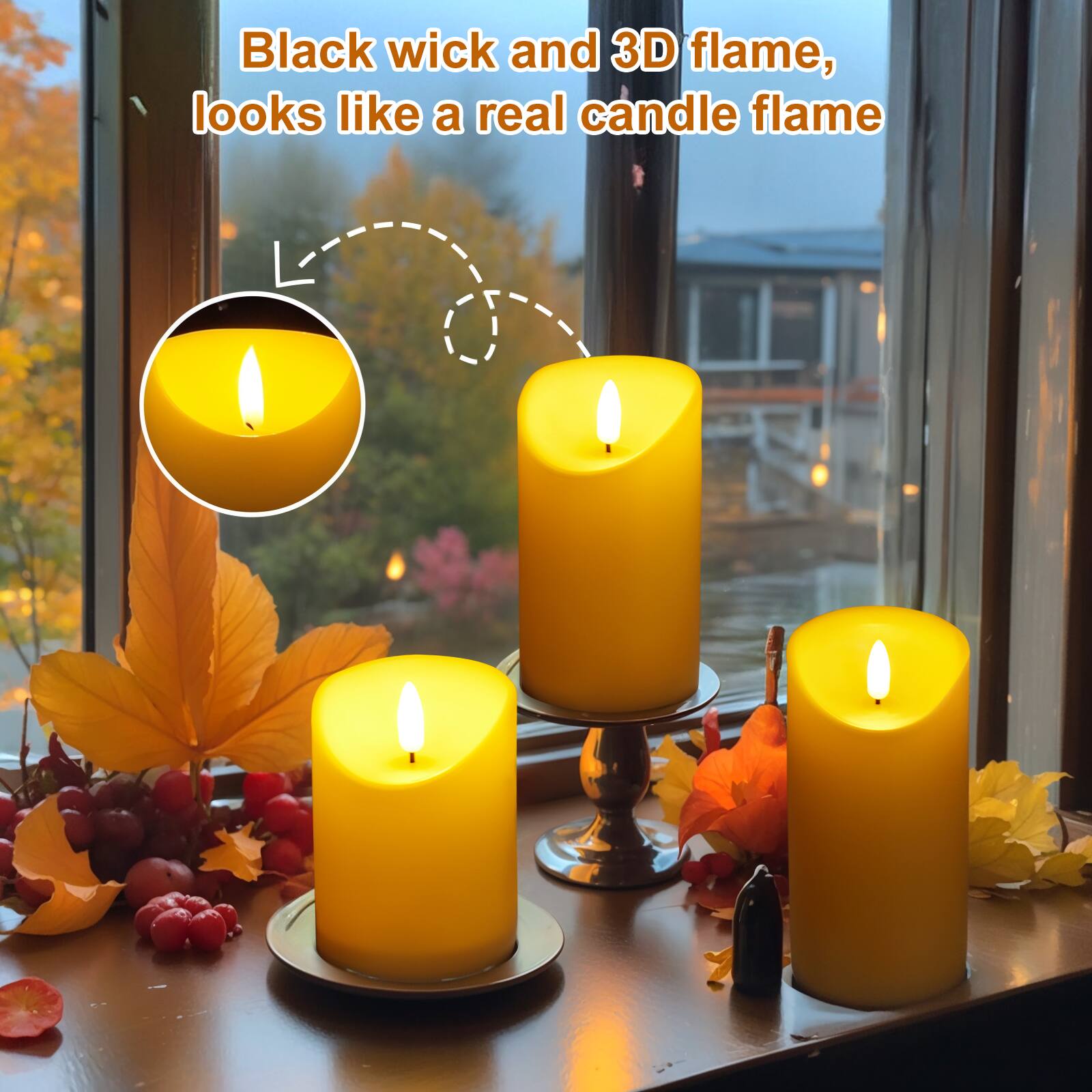 Black wick and 3D flame, looks like a real candle flame