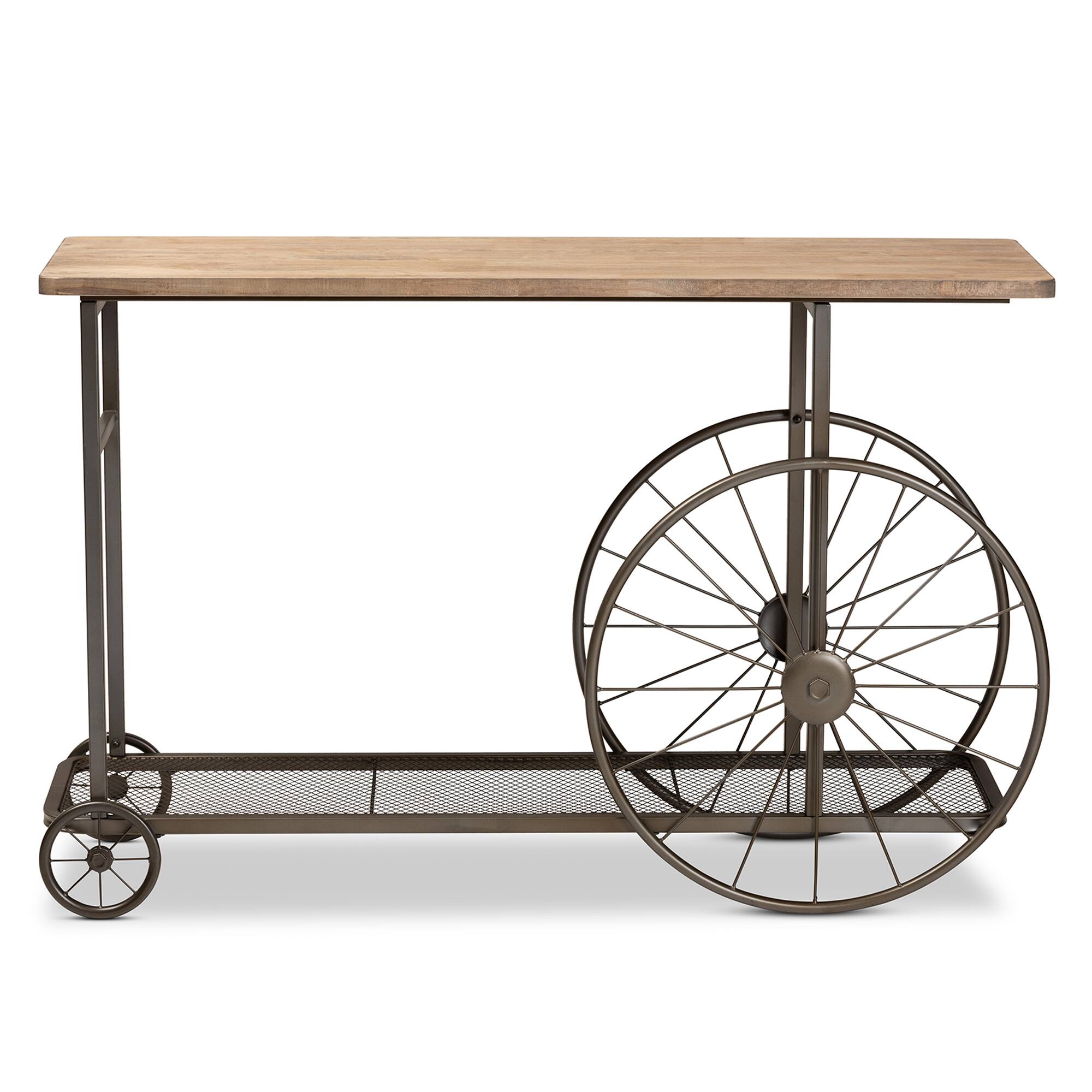 Angle. Baxton Studio - Terence Vintage Rustic Industrial Finished Wood and Finished Metal Wheeled Console Table - Natural/Black.
