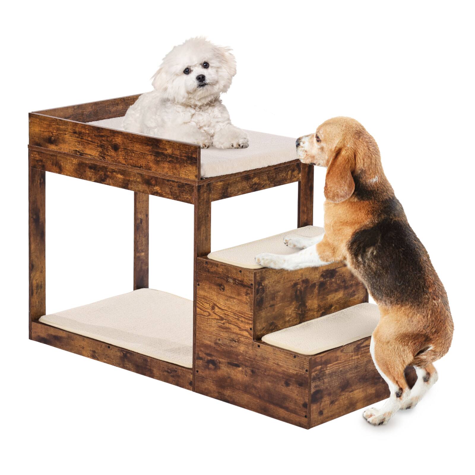 Front. VEVOR - Pet Bunk Bed with Stairs, Dog/Cat Window Perch for High Beds and Couches, Medium Multi-Level 3 Step Dog Seat Platform - Dark Brown.