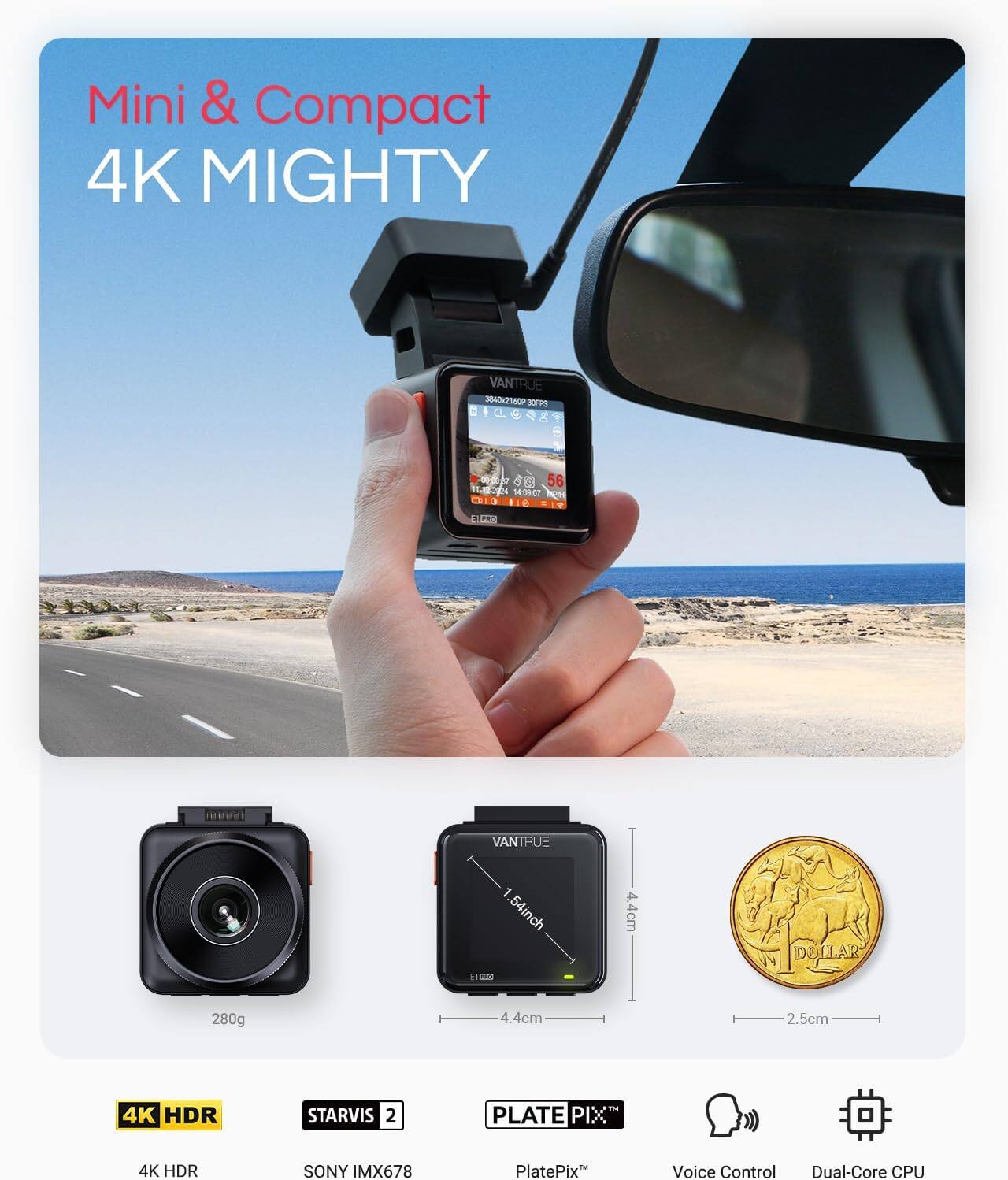 Vantrue E1 Pro 4K Mini Dash Cam w/ 64GB Micro SD Card, STARVIS 2, 1.54 ...