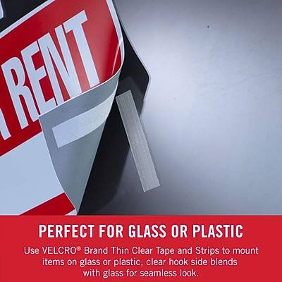 PERFECT FOR GLASS OR PLASTIC

Use VELCRO® Brand Thin Clear Tape and Strips to mount items on glass or plastic. Clear hook side blends with glass for a seamless look.