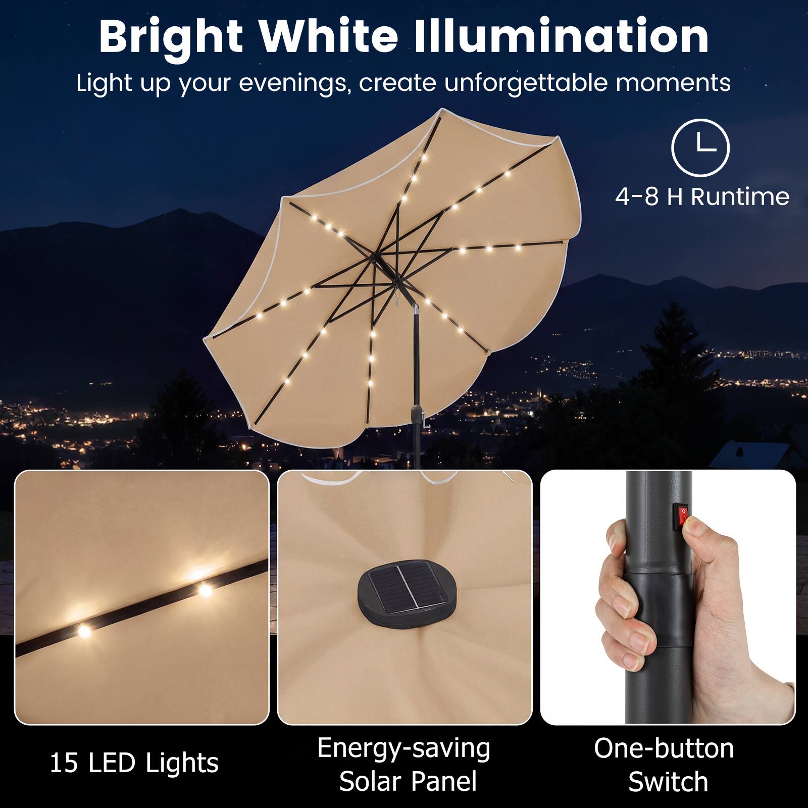 Bright White Illumination  
Light up your evenings, create unforgettable moments  

- 4-8 H Runtime  
- 15 LED Lights  
- Energy-saving Solar Panel  
- One-button Switch