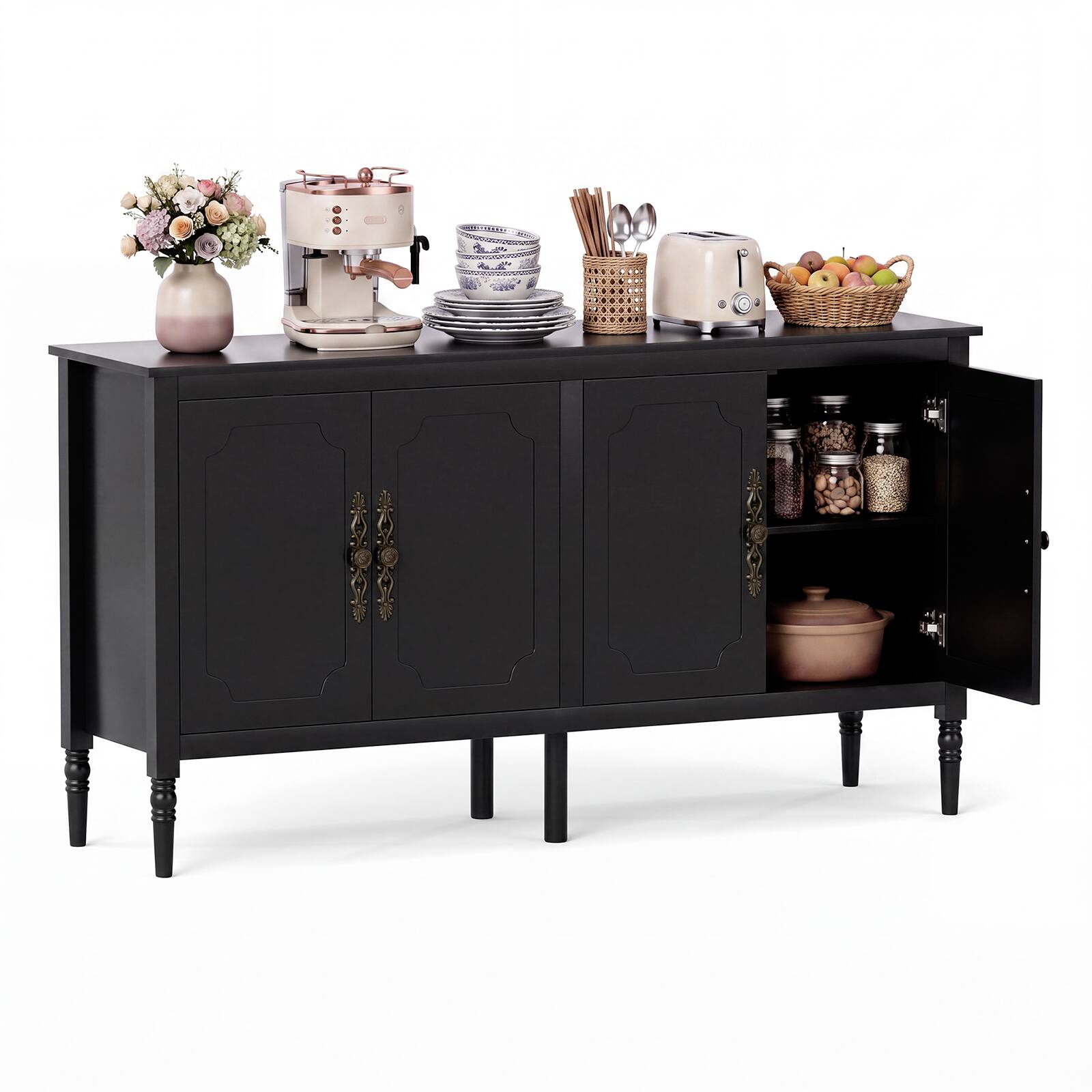 Alt View 1. Costway - Costway 58" Vintage Buffet Cabinet with 4 Doors & 2 Shelves, Storage, Pine Wood Legs - Black.