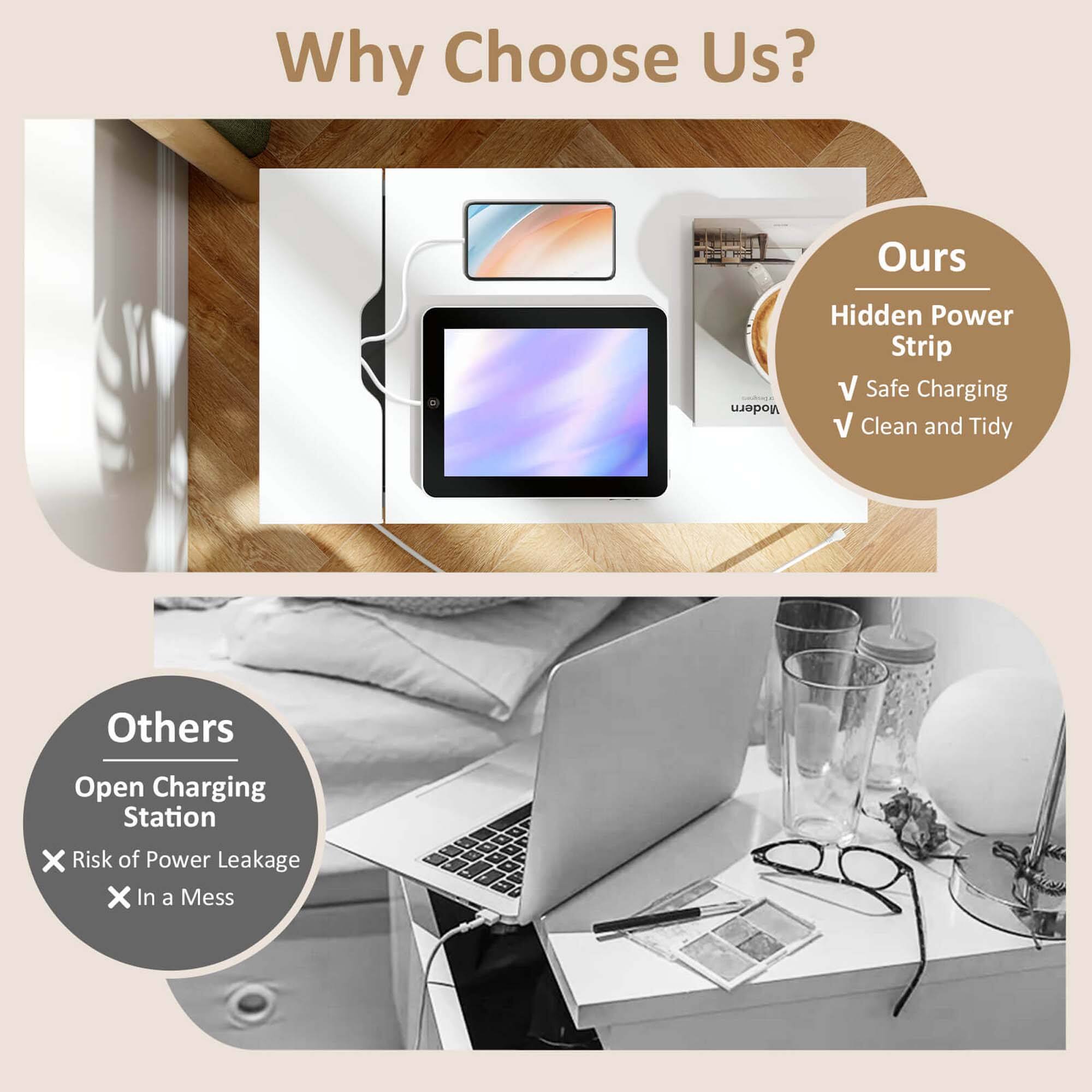 Why Choose Us?
Ours: Modern Hidden Power Strip
V: Safe Charging
V: Clean and Tidy
Others: Open Charging Station
x Risk of Power Leakage
x In a Mess