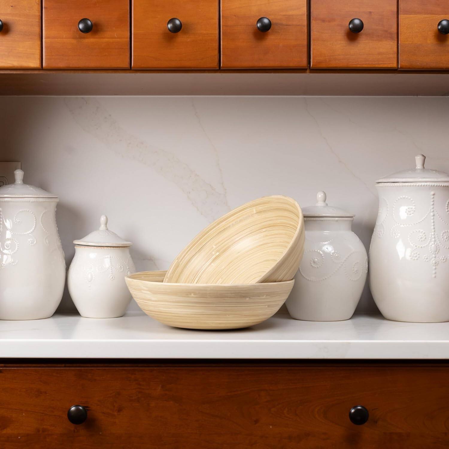 Angle. Lexa - Bamboo Salad Bowl Set, 12 Inch x 2, Natural Bamboo - Natural.