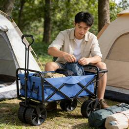 Loheer - Folding Garden Wagon, Blue Collapsible Steel Utility Cart with 150 lb Capacity