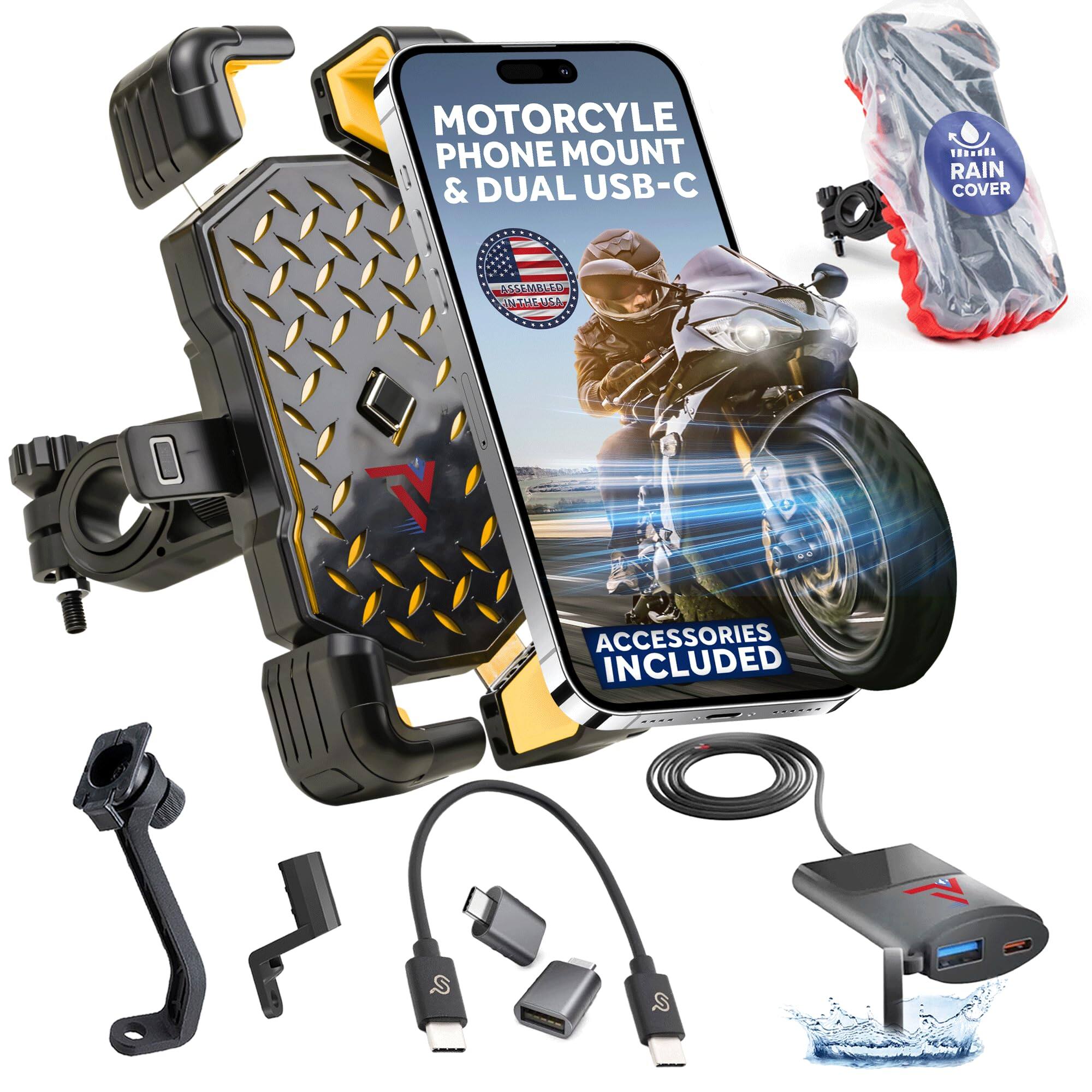 MOTORCYCLE PHONE MOUNT & DUAL USB-C  
ASSEMBLED IN THE USA  
ACCESSORIES INCLUDED  
RAIN COVER