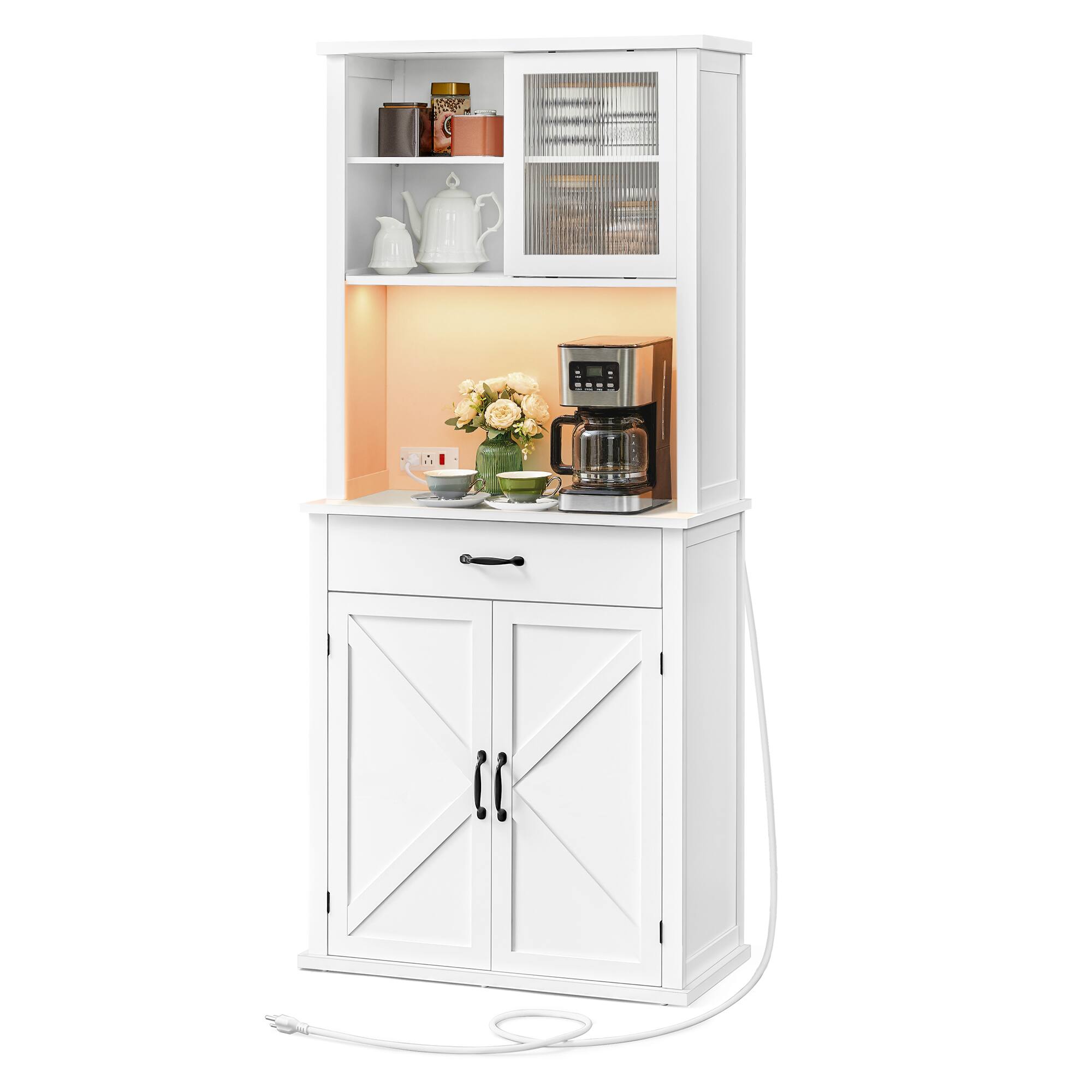 Front. Songmics Home - Kitchen Pantry Cabinet with Lights and Charging Station, Coffee Bar Cabinet with Doors and Drawer,  Adjustable Shelves - Cloud White.