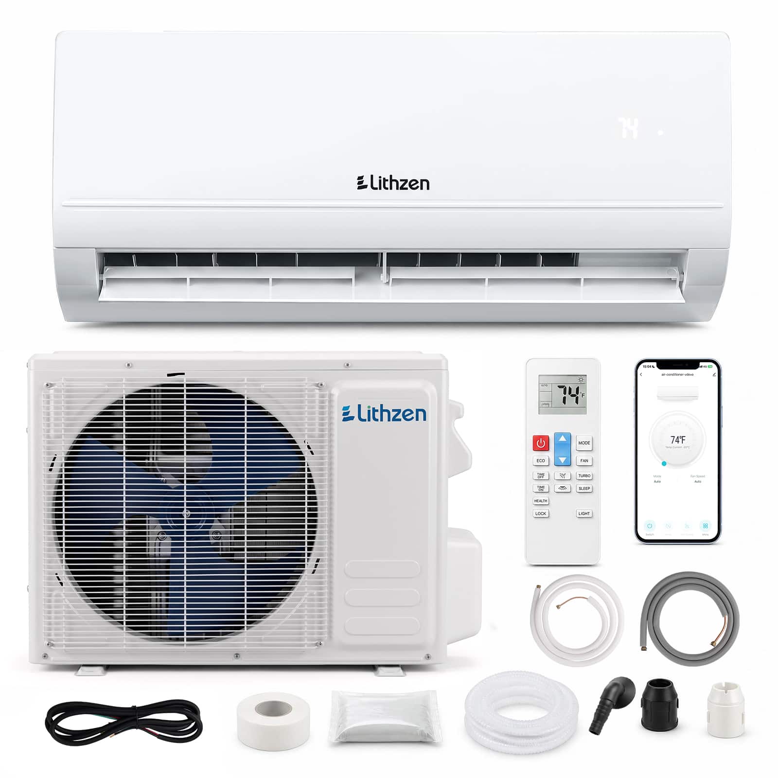 Lithzen - 12000 BTU Mini Split AC/Heating System with 1 Ton Heat Pump & Installation Kit 115V - White