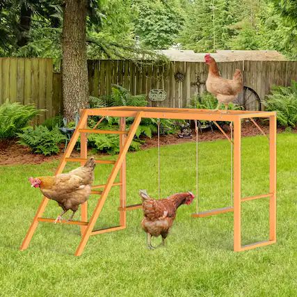 Front. Oumilen - Yellow Table-shaped Chicken Play Stand with Single Ladder & Dual Hanging Swings - Yellow.