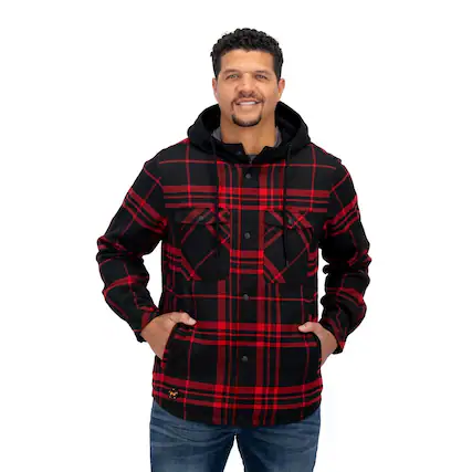 Front. Mobile Warming - Men's Flannel Heated Hoodie Jacket - Black/Red.