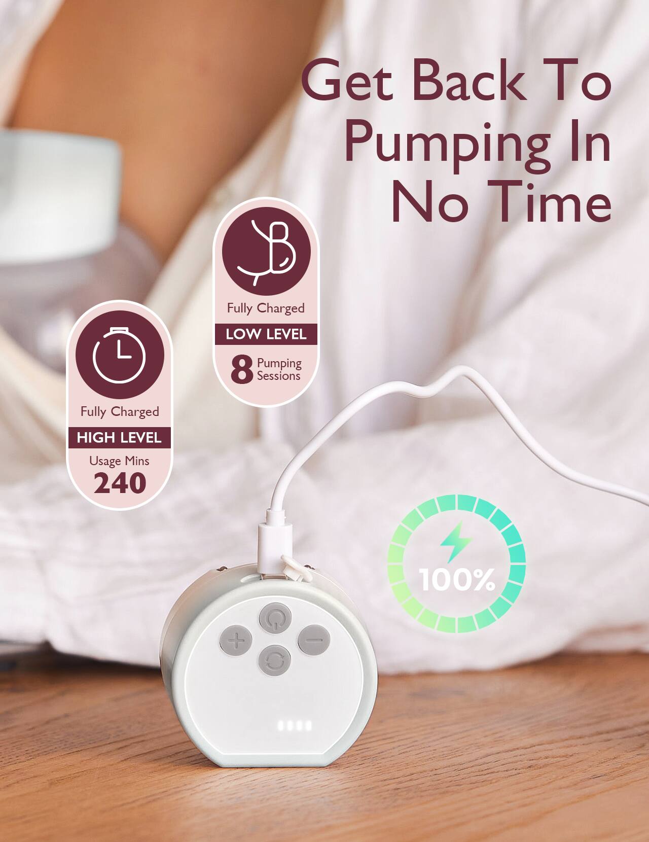Get Back To Pumping In No Time, Fully Charged HIGH LEVEL, Fully Charged LOW LEVEL, 8 Pumping Sessions, Usage Mins 240, 100%