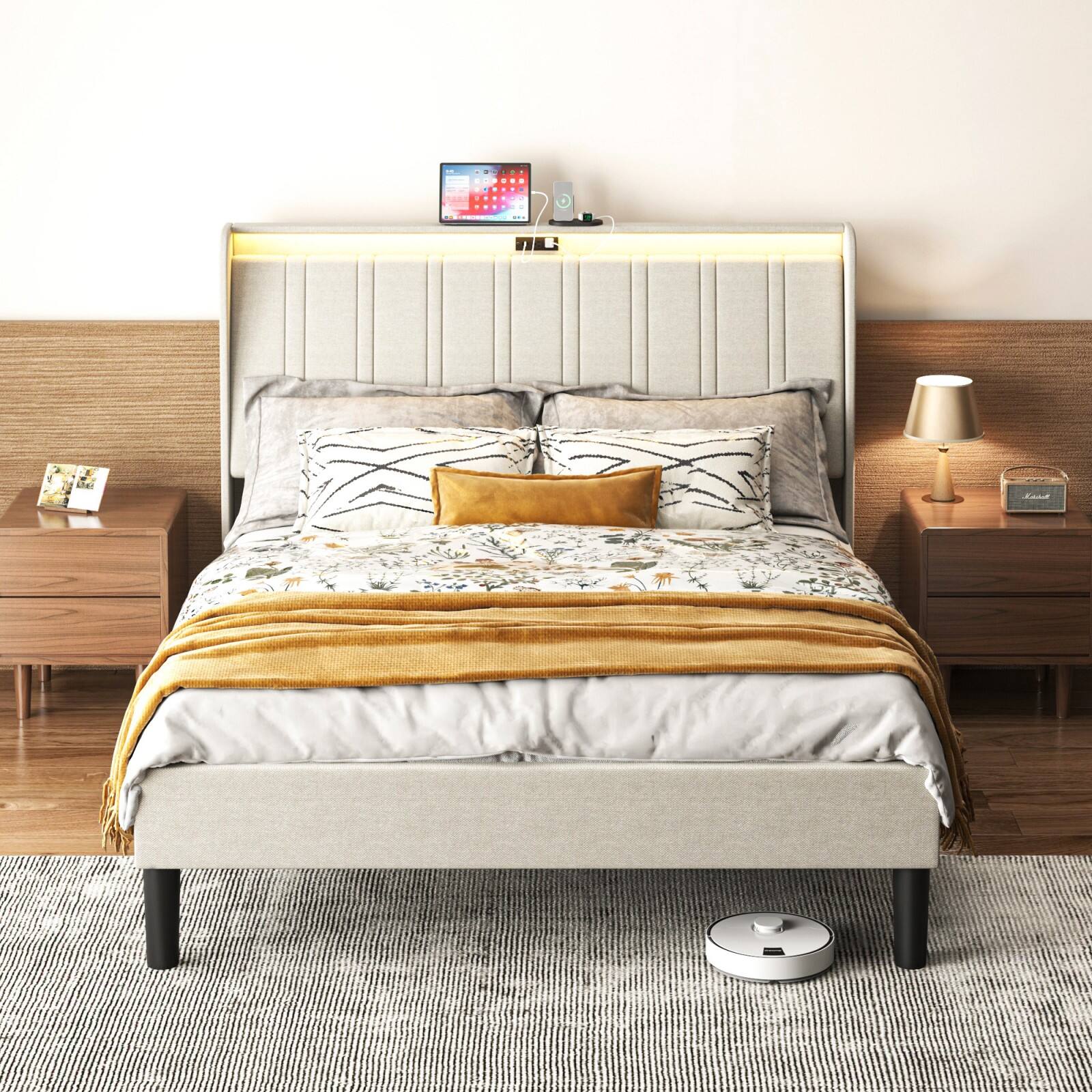 Alt View 7. Ecooso - Full Size Platform Bed Frame with Fabric Upholstered Headboard and Wooden Slats Support - Espresso.