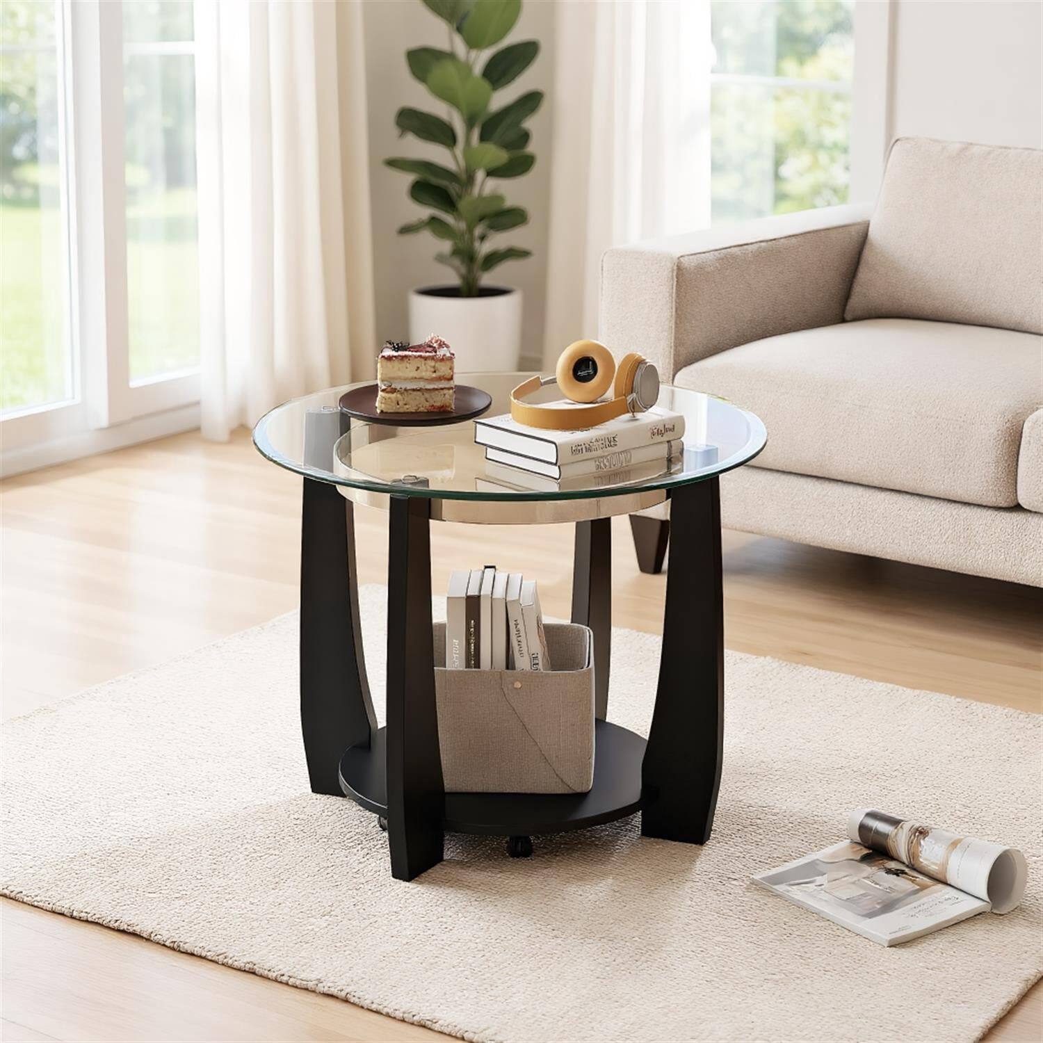 Front. Pefilos - 32" 2-Tier Round Coffee Table with Tempered Glass Top & Storage Shelf, Modern Living Room Center Table with Rubber Wood - Black.